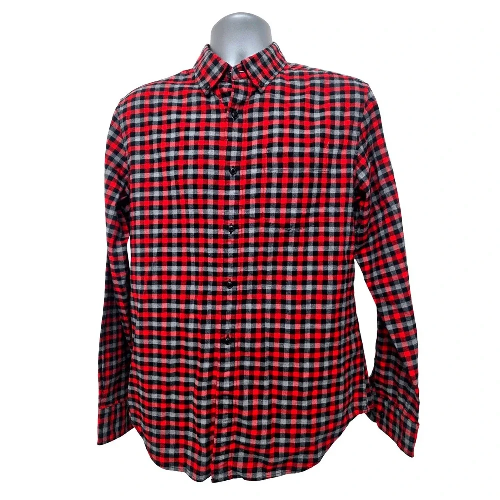 Banana Republic Mens Red Black Gray Grant‎ Fit Luxe Flannel Button Down Shirt  M